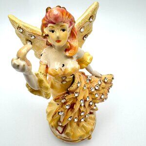 Flamigo Fairy Trinket Box Yellow Wings  Rhinestone Accents Enamel Metal